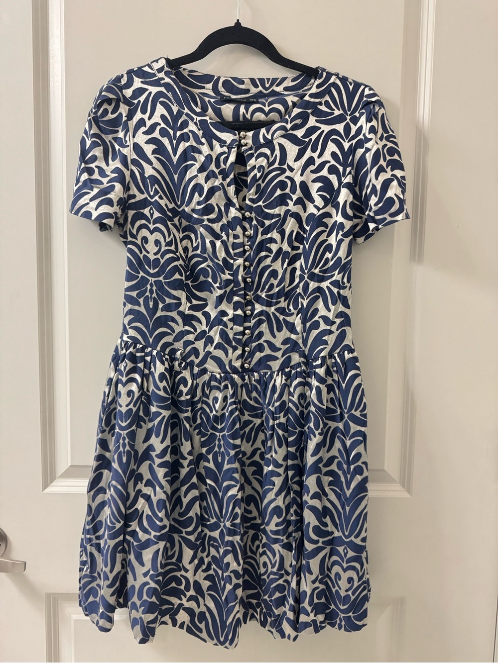 Navy & Cream Damask Fit & Flare Dress Size M Short Sleeve Button Front Boho